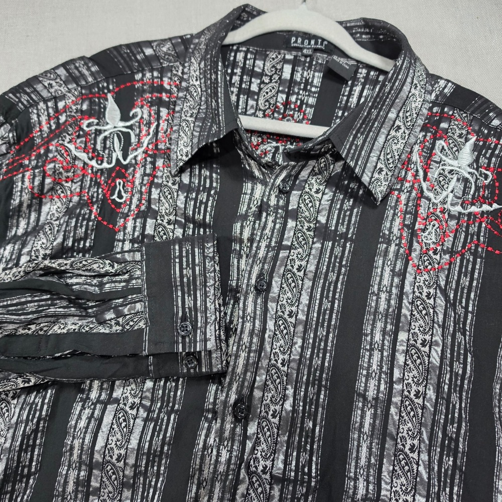 Pronti Button Down Shirt Mens 4XL Black Silver Excellent Embroidered Paisley